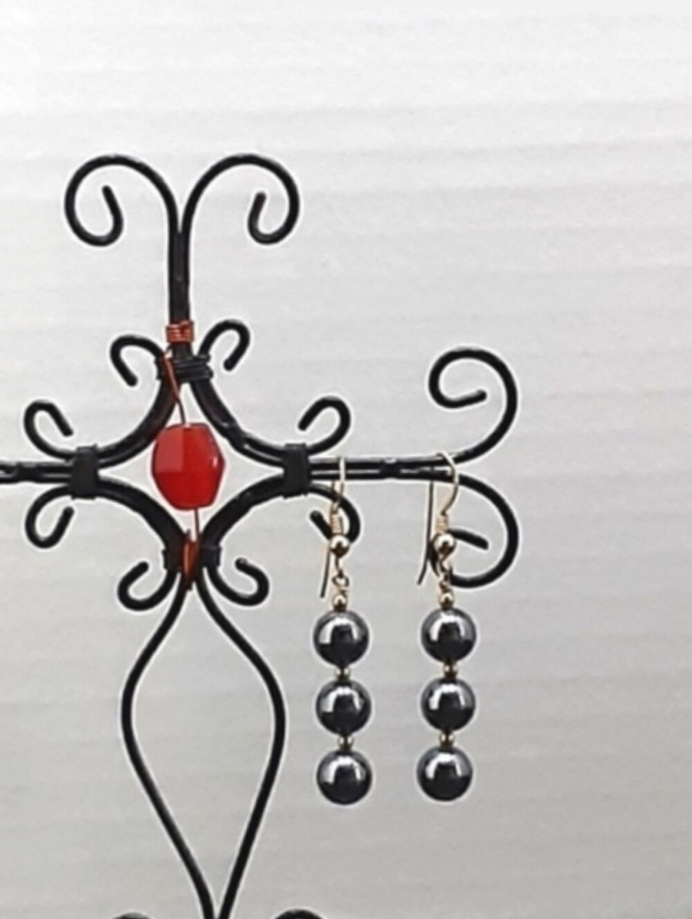 Hematite Beaded Earrings Round Black Beads Boho Whimsygoth Bohemian 1 1/4" Drop